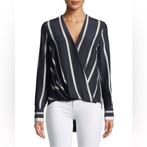 $350 RAG & BONE Victor Wrap Surplice Silk Top, Navy and White Stripe, S